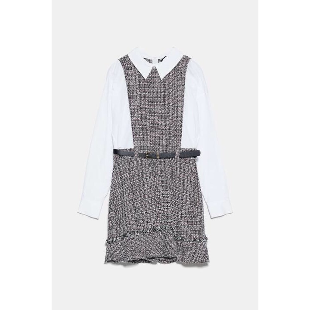 Zara White Collared Long Sleeve Combination Pinafore Belted Tweed Mini Dress